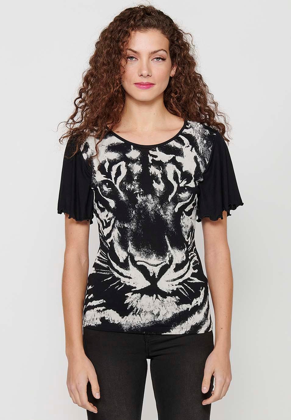 Camiseta Top con mangas anchas y Estampado delantero de Color Negro para Mujer 1