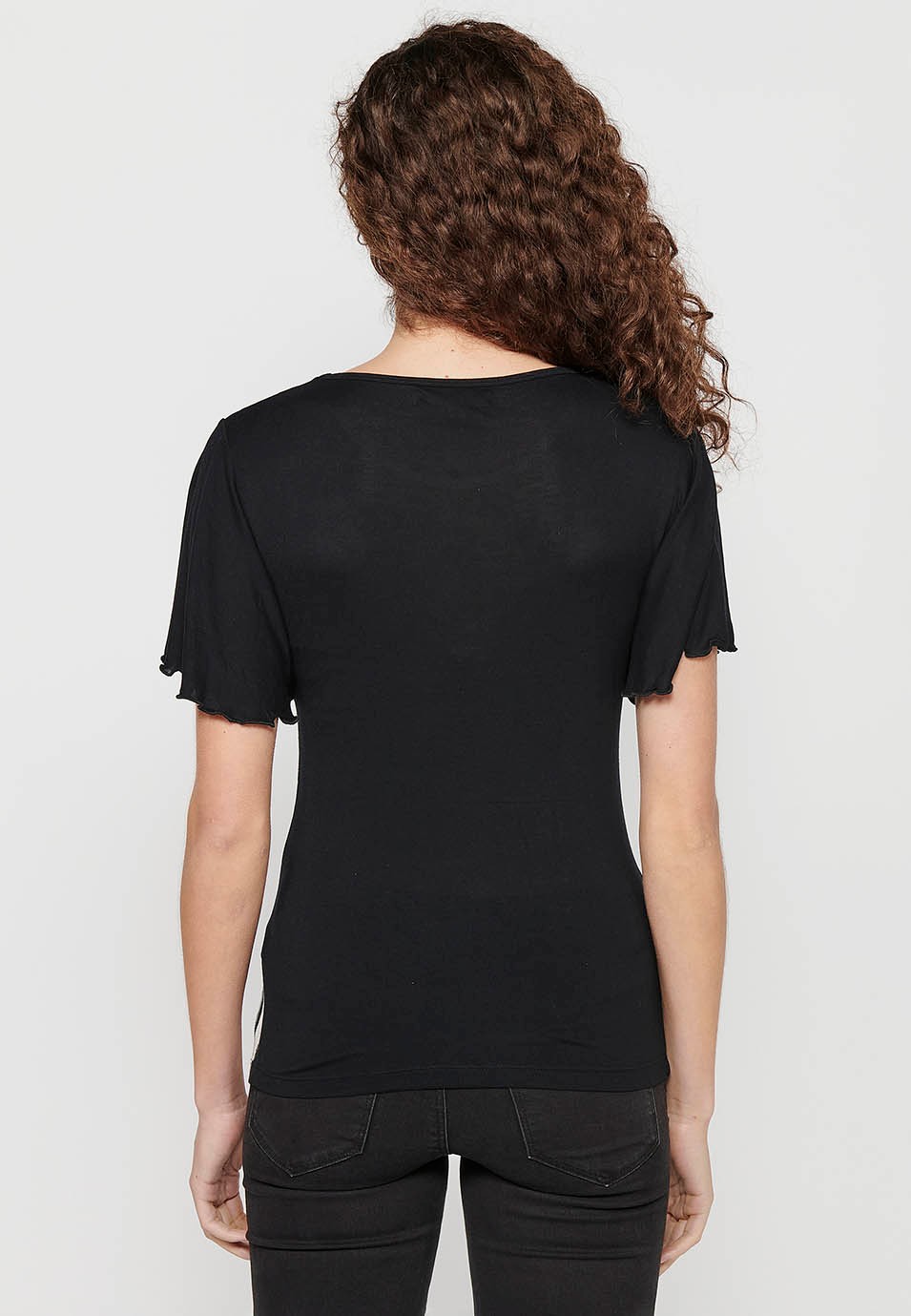 Camiseta Top con mangas anchas y Estampado delantero de Color Negro para Mujer 7