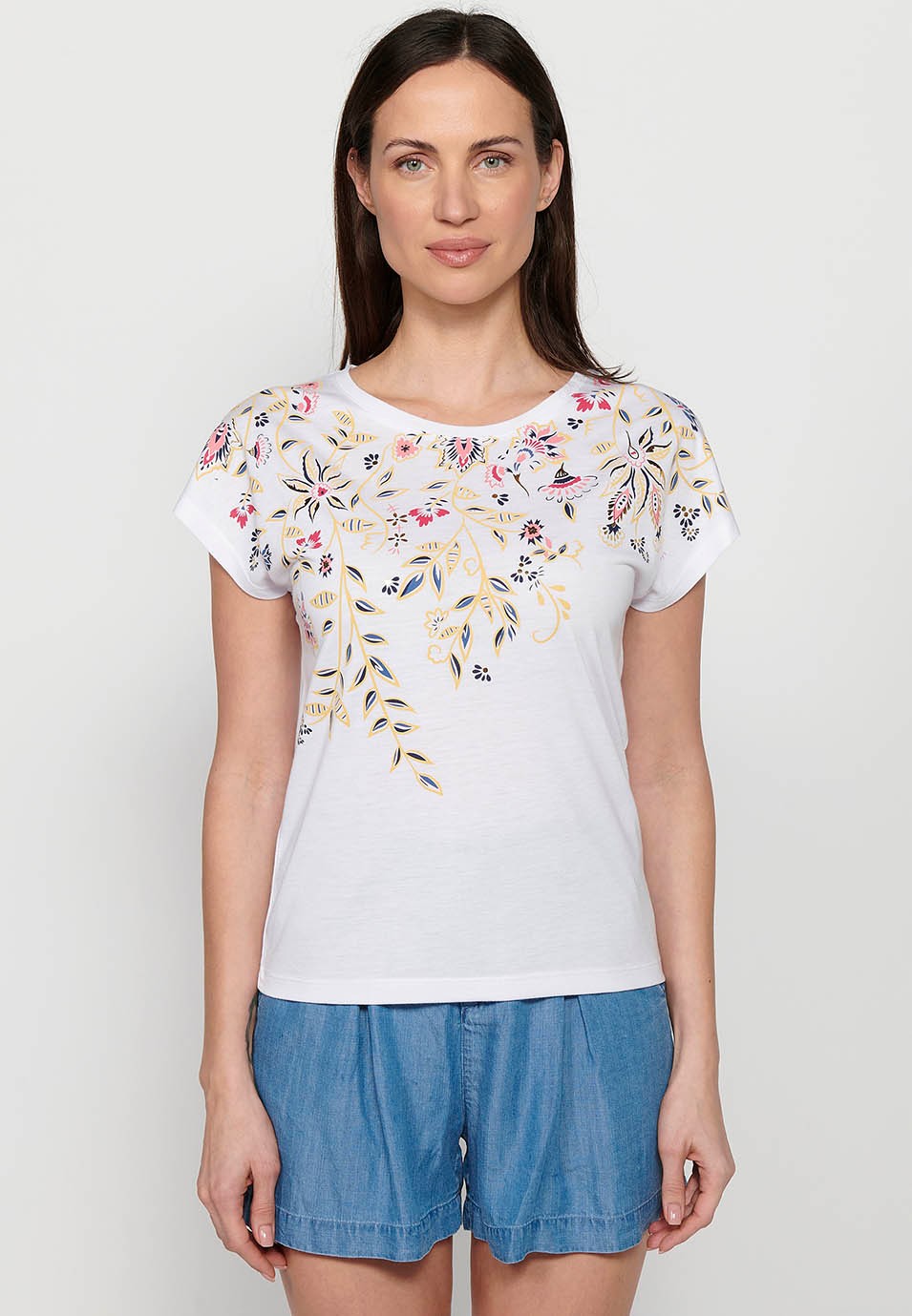 Women's White Round Neck Short Sleeve Cotton Top with Front Floral Embroidery