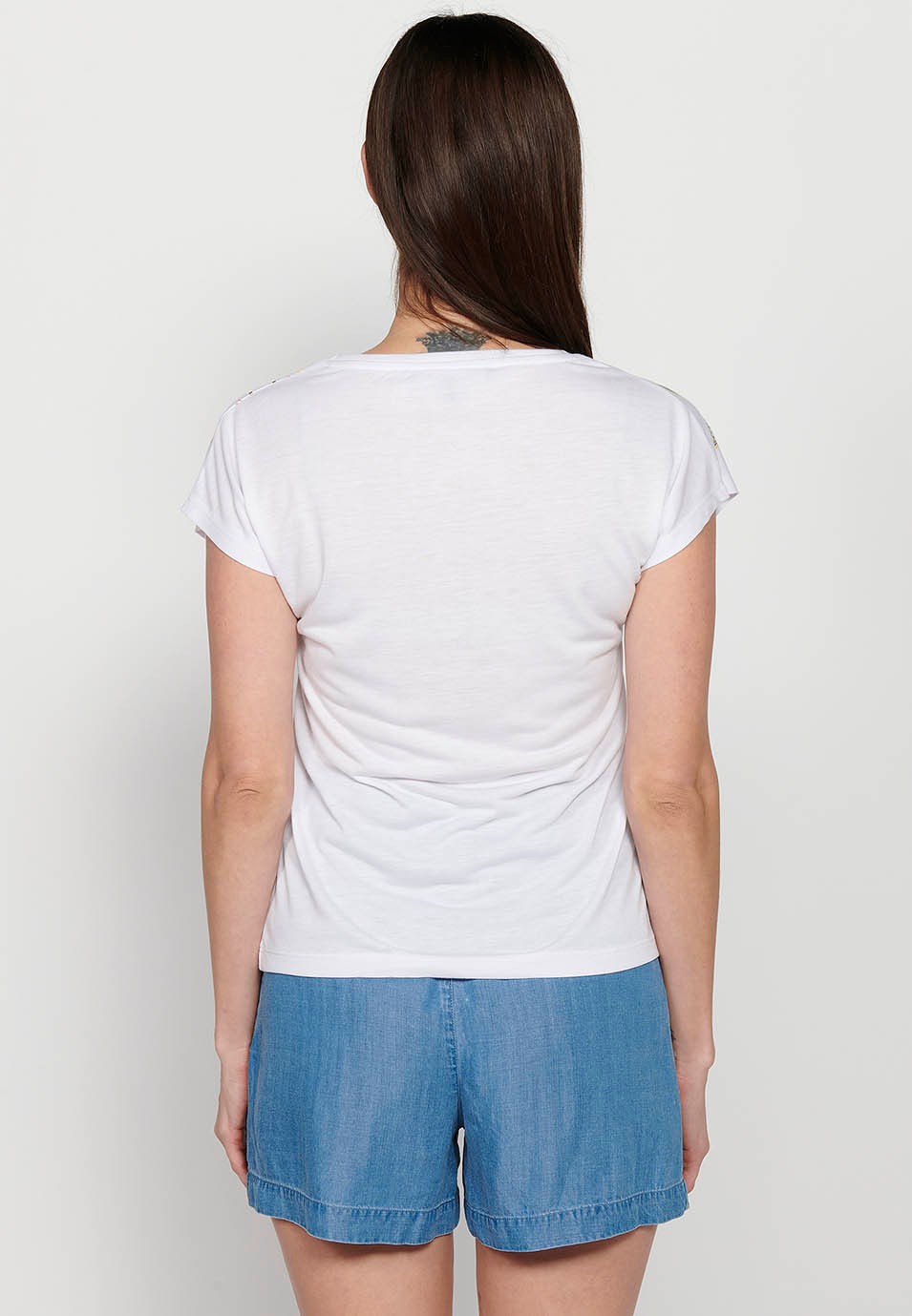 Camiseta Top de manga corta de algodón de Cuello redondo con Bordado floral delantero color Blanco para Mujer