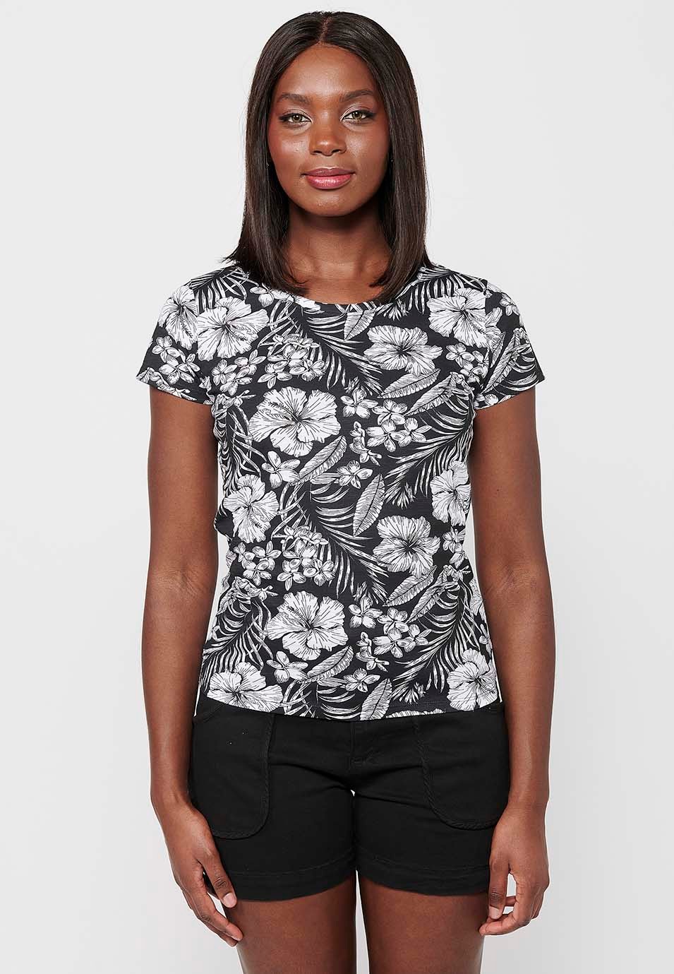 Kurzärmeliges Baumwoll-T-Shirt mit V-Ausschnitt und schwarzem Blumendruck für Damen 3