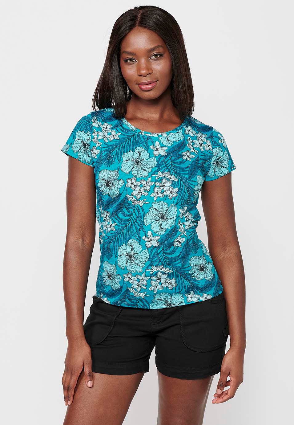 Kurzärmeliges Baumwoll-T-Shirt mit V-Ausschnitt und blauem Blumendruck für Damen