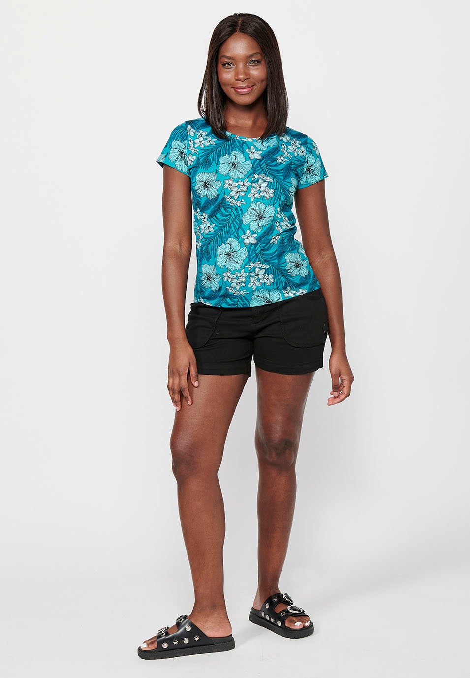 Kurzärmeliges Baumwoll-T-Shirt mit V-Ausschnitt und blauem Blumendruck für Damen 6