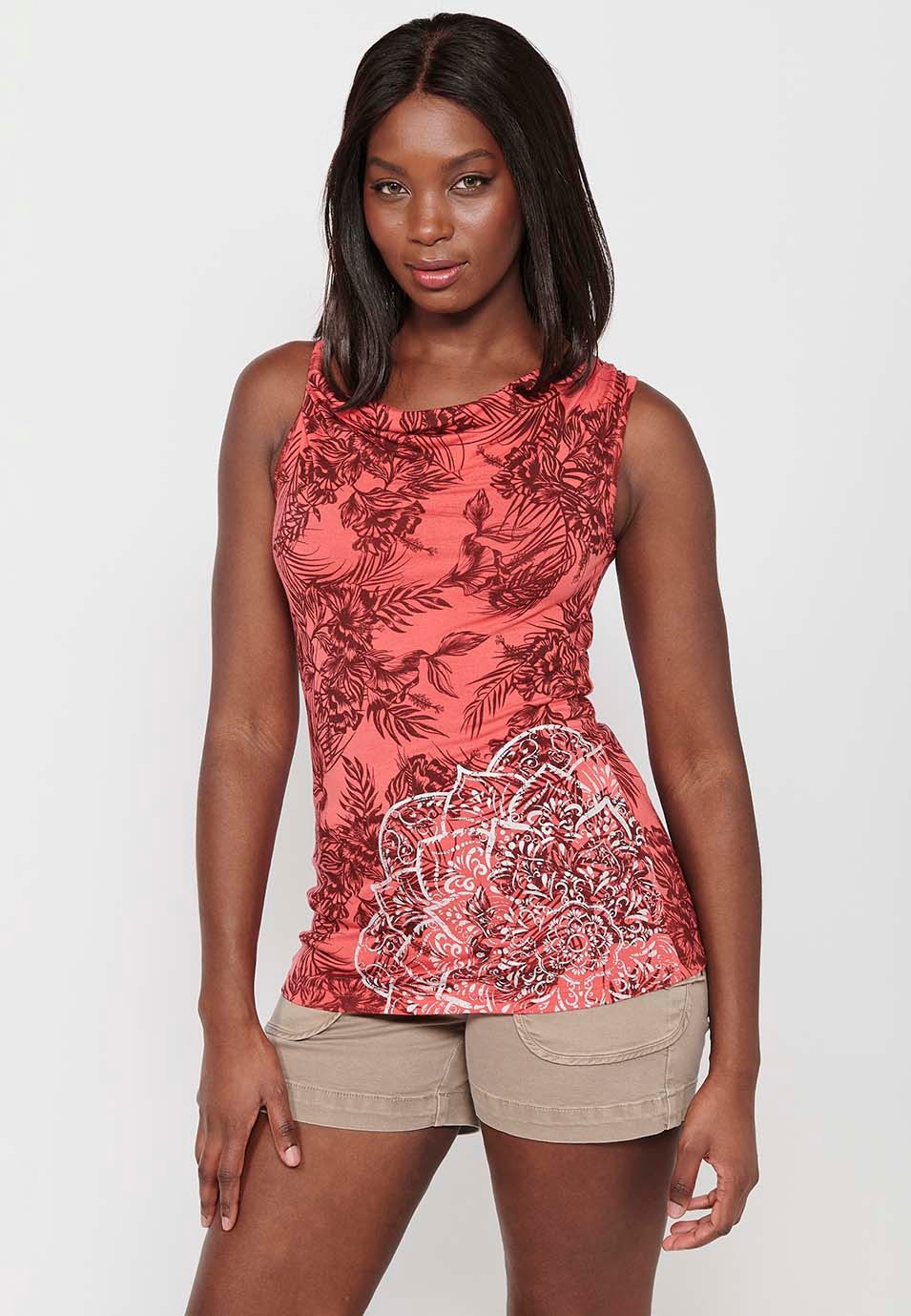 Tank Top with Boat Neckline and Floral Print with Coral Embroidered Detail for Women