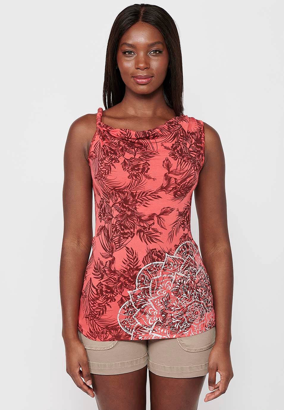Tank Top with Boat Neckline and Floral Print with Coral Embroidered Detail for Women 4
