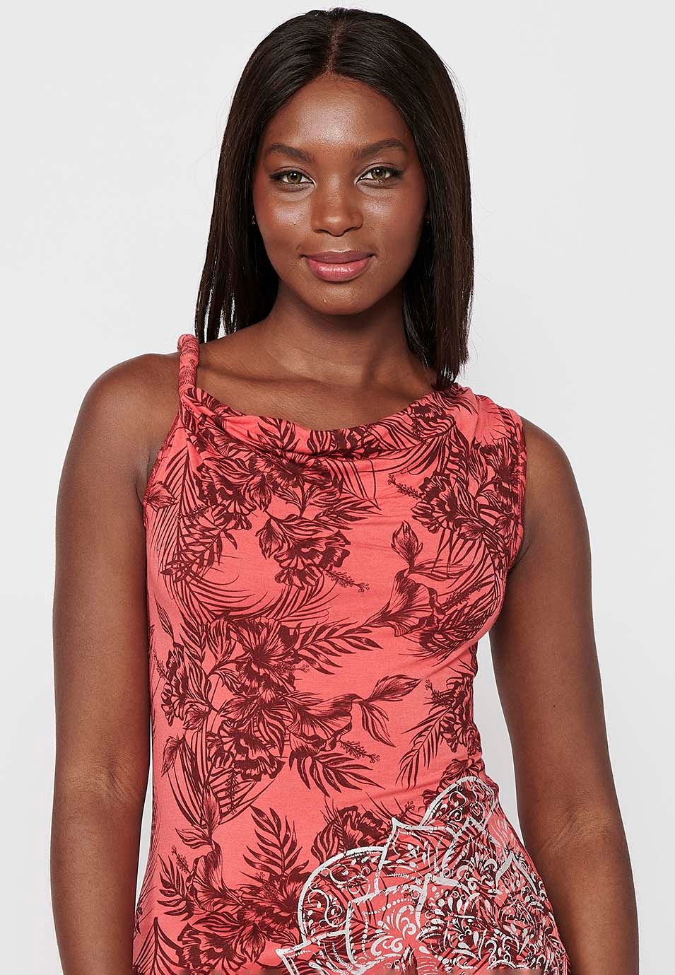 Tank Top with Boat Neckline and Floral Print with Coral Embroidered Detail for Women 5