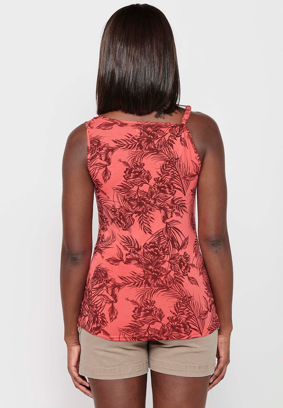 Tank Top with Boat Neckline and Floral Print with Coral Embroidered Detail for Women 7
