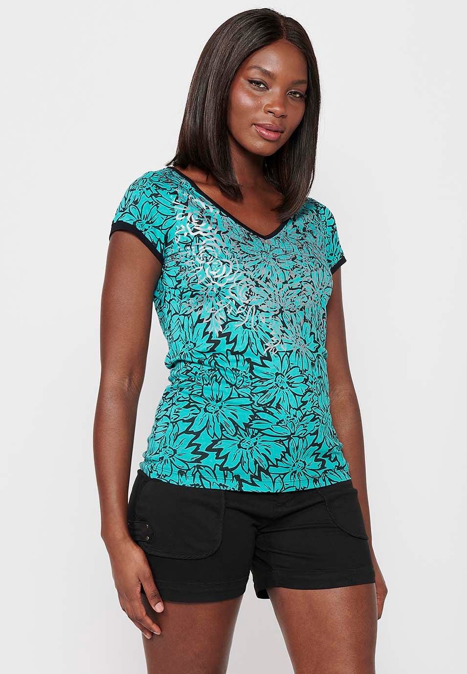 Mintfarbenes, kurzärmliges T-Shirt mit Blumendruck und V-Ausschnitt für Damen