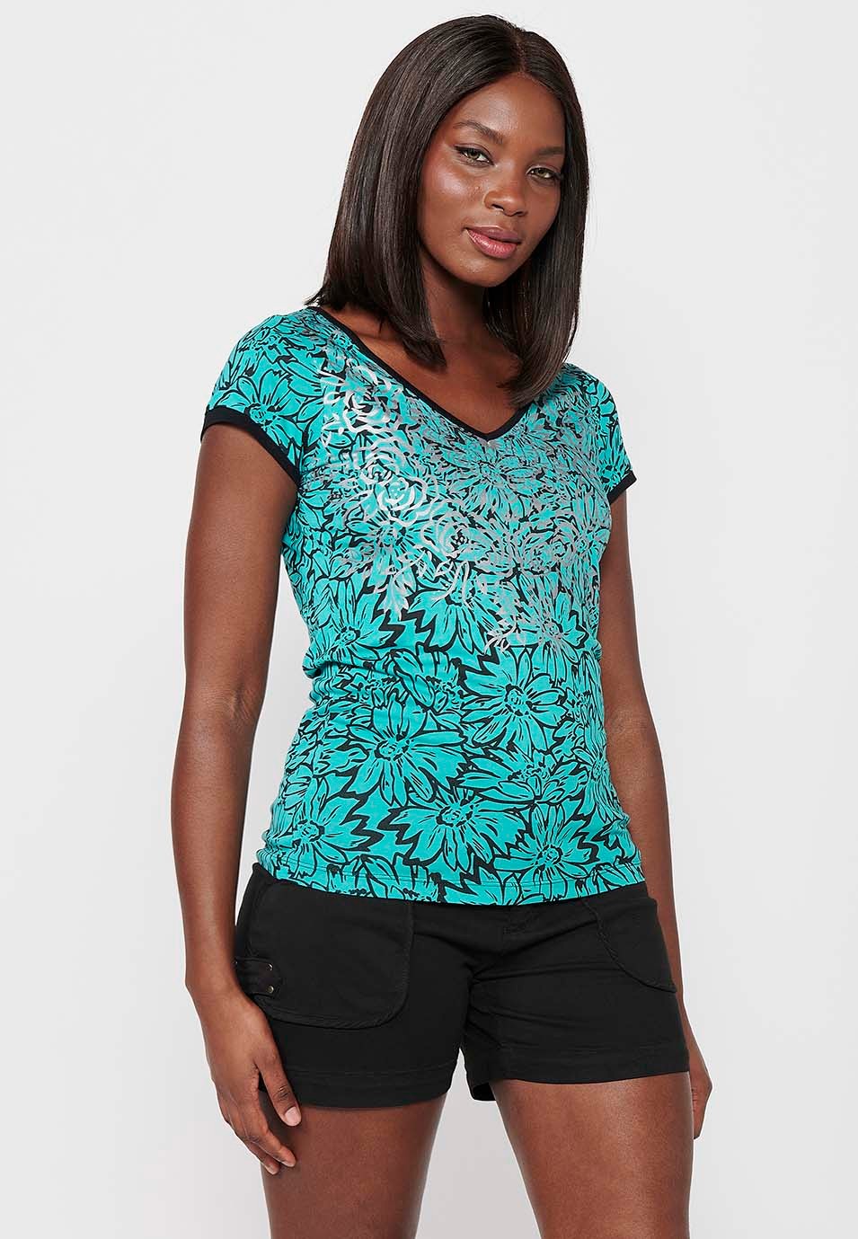 Mint Floral Print V-Neck Short-Sleeved T-Shirt for Women