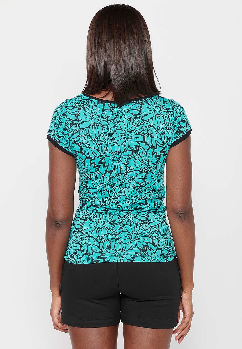 Mintfarbenes, kurzärmliges T-Shirt mit Blumendruck und V-Ausschnitt für Damen 2