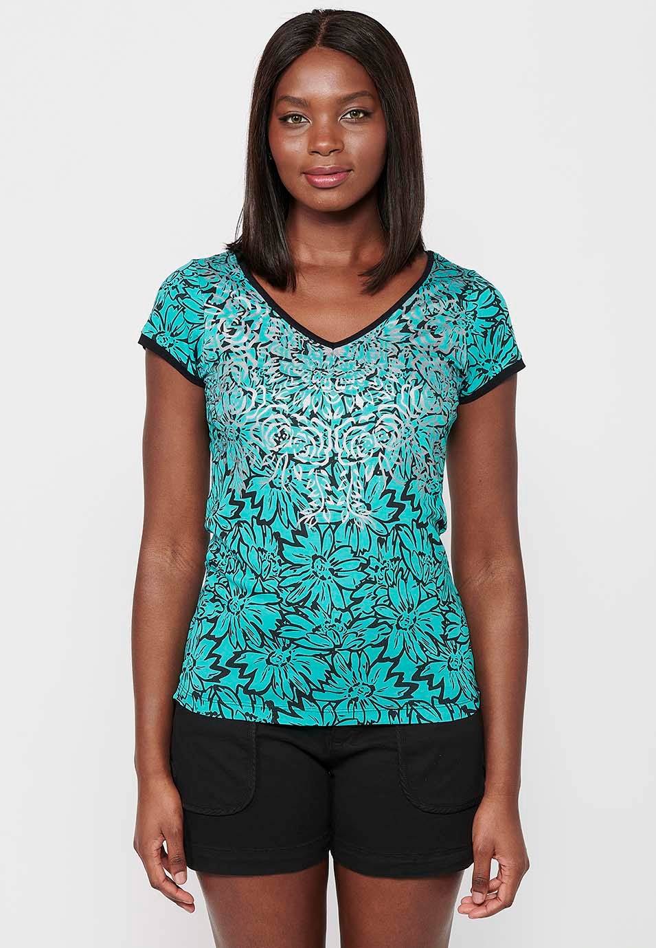 Mintfarbenes, kurzärmliges T-Shirt mit Blumendruck und V-Ausschnitt für Damen 7