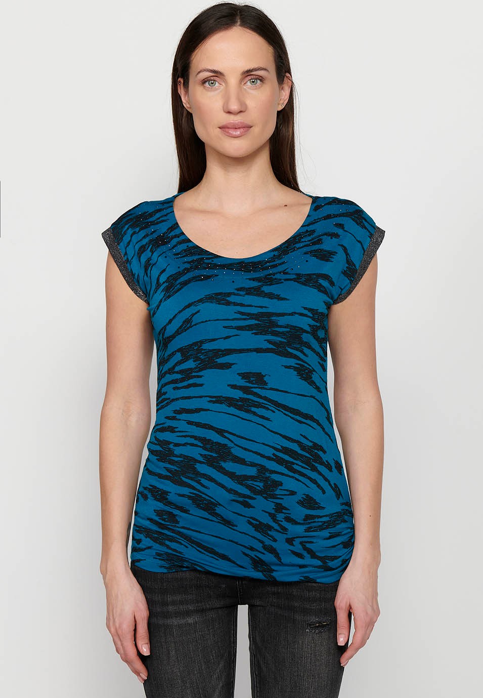 Camiseta sin mangas estampada, cuello redondo, color azul para mujer