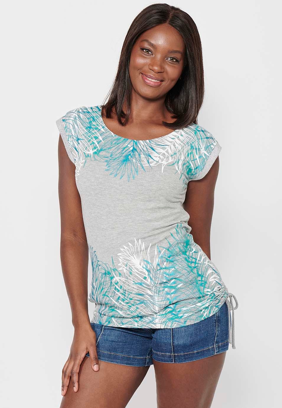 T-shirt with short sleeve with boat neck and finished with an adjustable side with drawstring and front print in Blue for Women