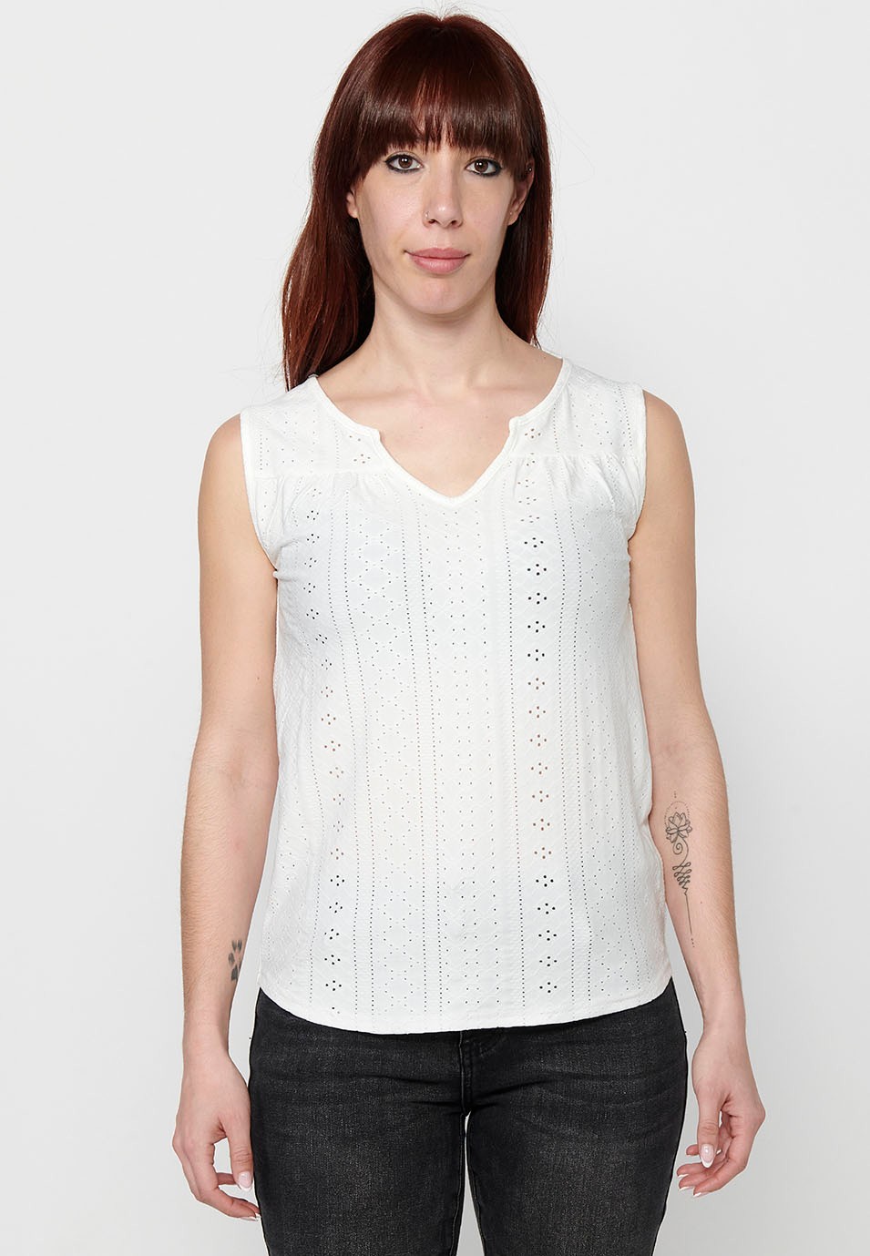 T-shirt sans manches, col rond avec ouverture blanche pour femme 1