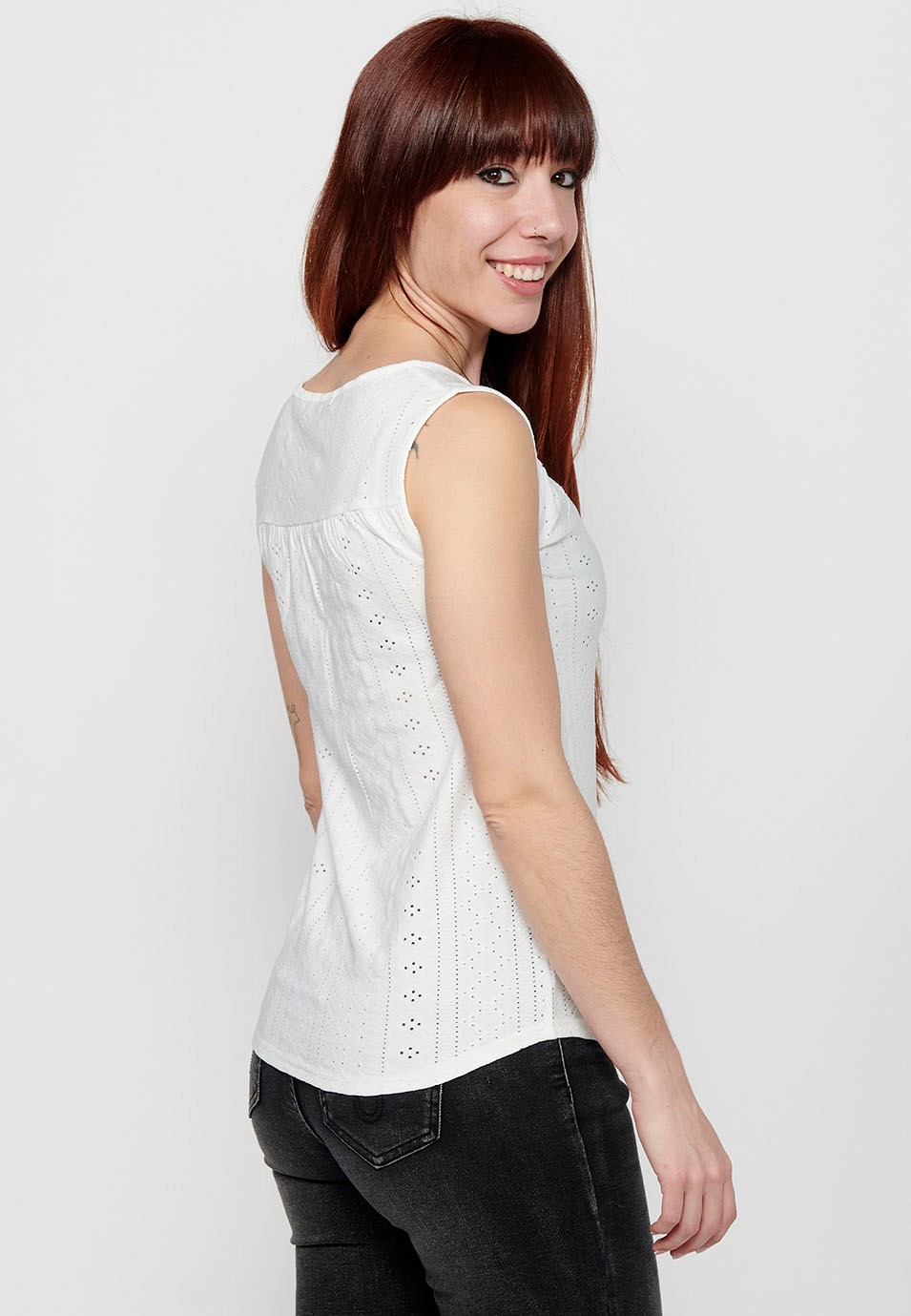 Ärmelloses T-Shirt, Rundhalsausschnitt mit weißer Öffnung für Damen 3