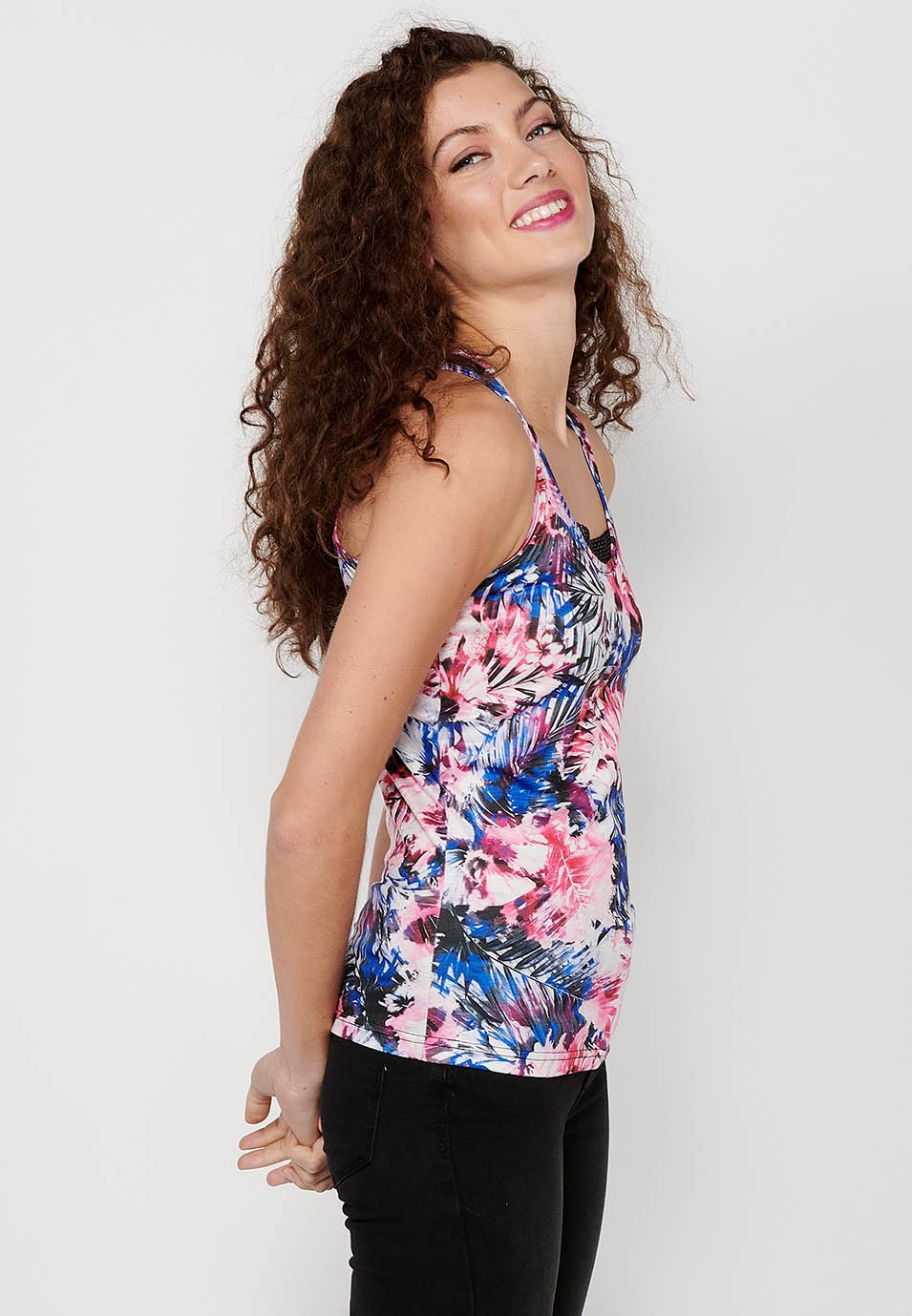 Tank Top with Round Neckline and Fishnet Detail on the Back and Multicolor Floral Print for Women 3