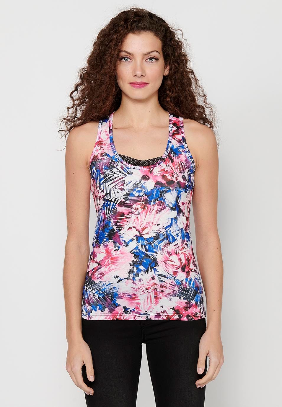 Tank Top with Round Neckline and Fishnet Detail on the Back and Multicolor Floral Print for Women 1