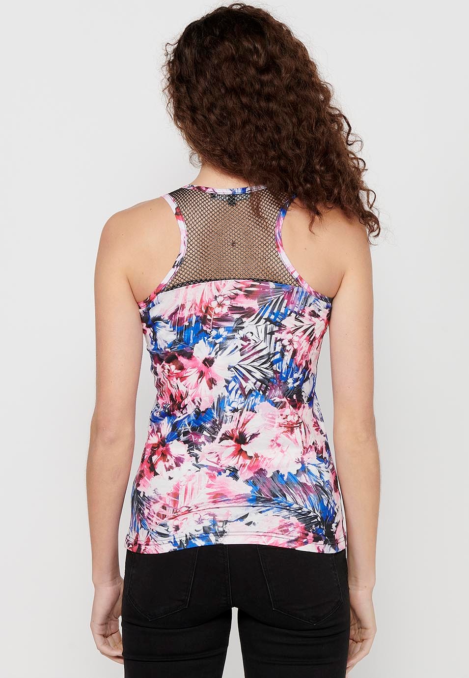 Tank Top with Round Neckline and Fishnet Detail on the Back and Multicolor Floral Print for Women 6