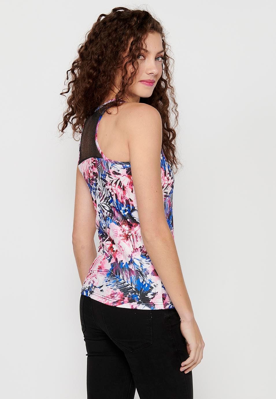 Tank Top with Round Neckline and Fishnet Detail on the Back and Multicolor Floral Print for Women 5