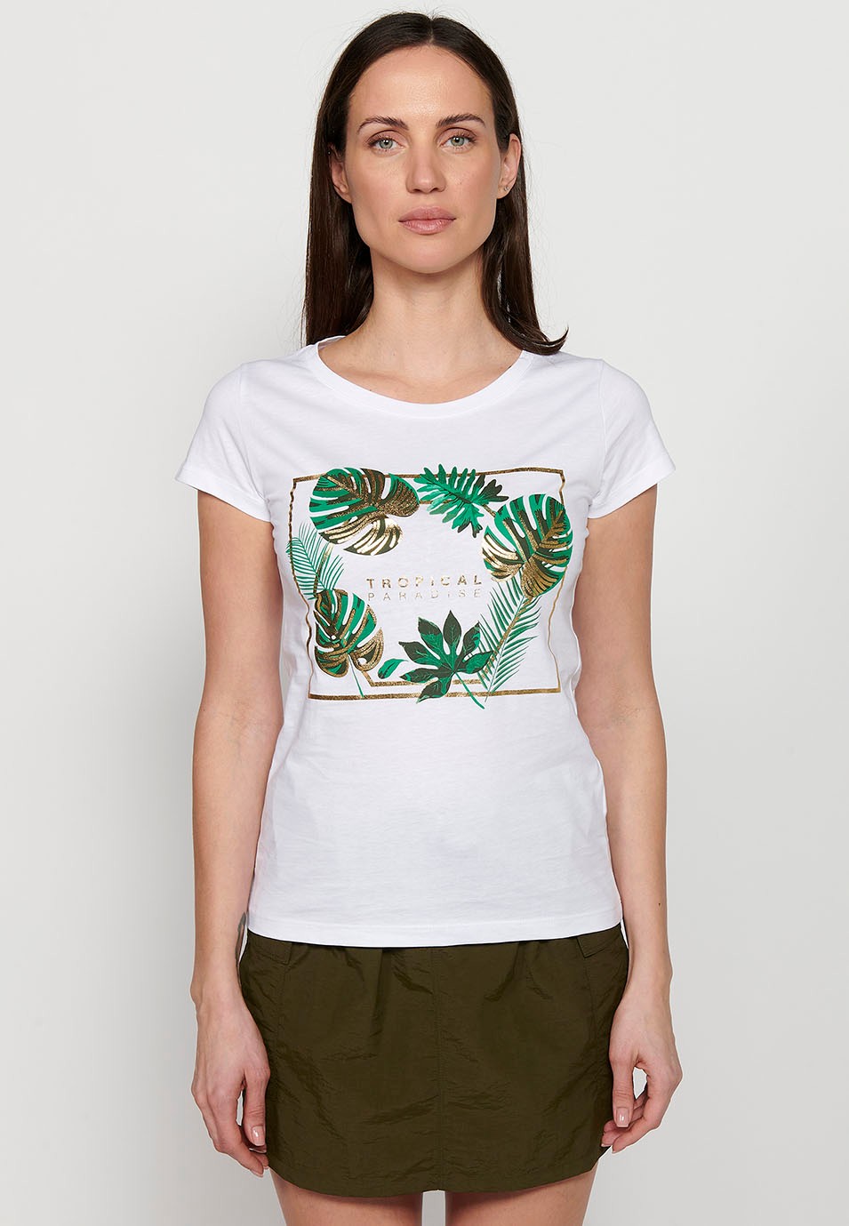 White Short Sleeve Cotton T-shirt with Round Neck and Front Print for Women