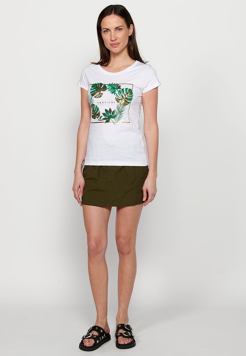 White Short Sleeve Cotton T-shirt with Round Neck and Front Print for Women