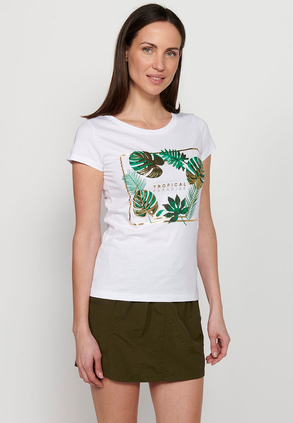 White Short Sleeve Cotton T-shirt with Round Neck and Front Print for Women