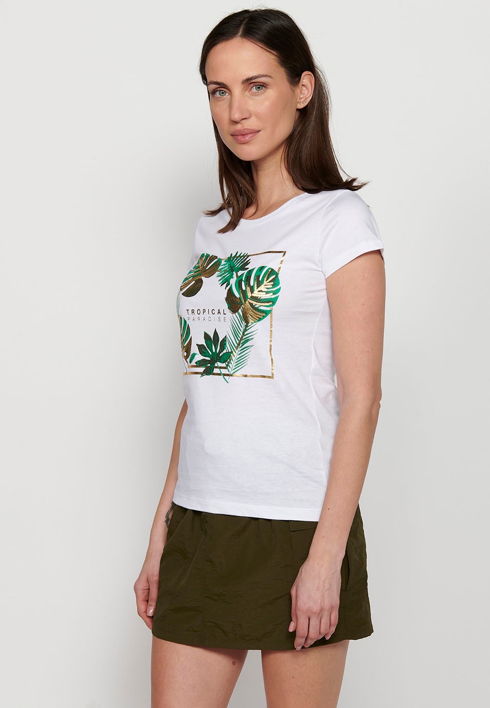 T-shirt blanc en coton à manches courtes, col rond et imprimé sur le devant pour femme