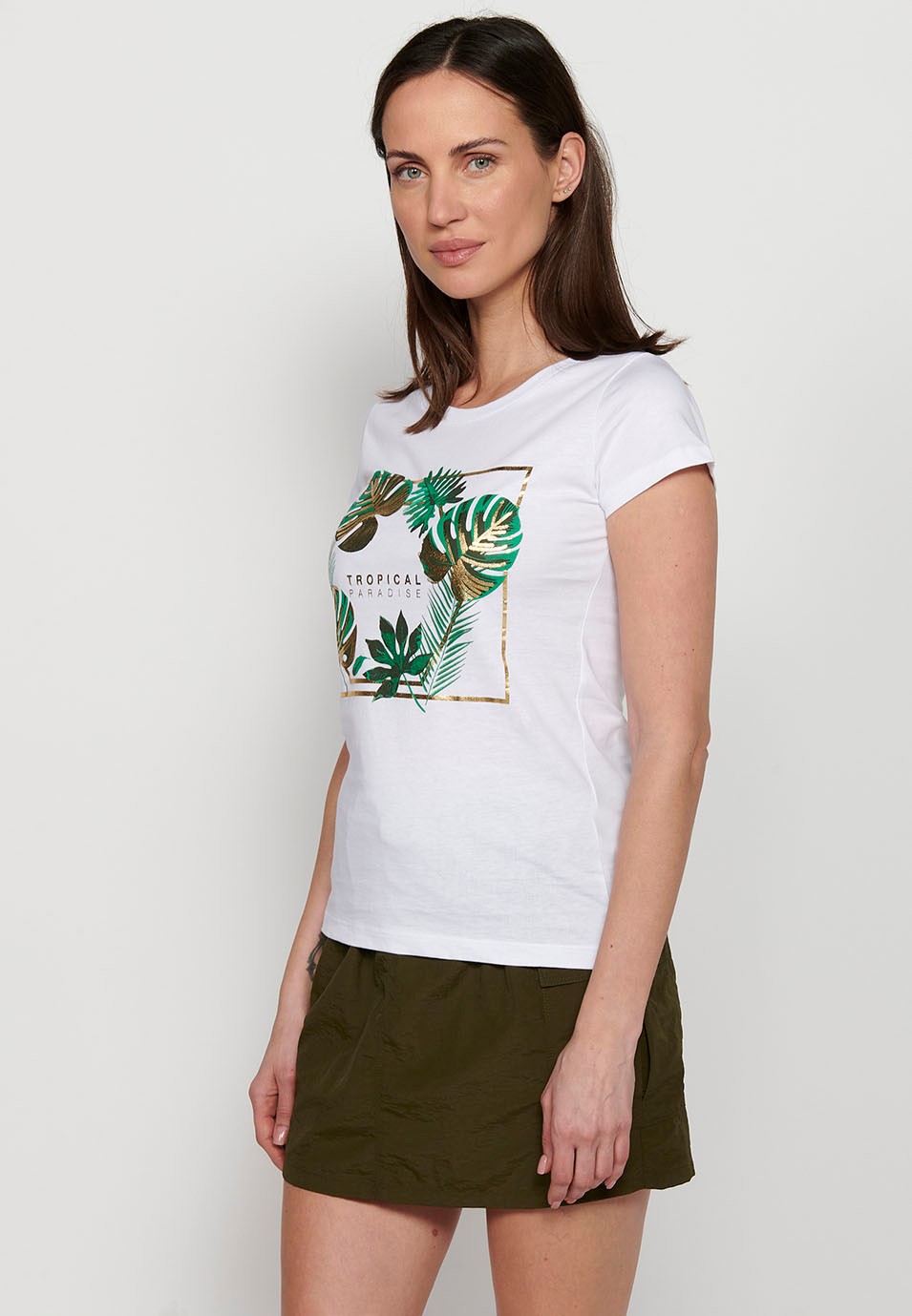 White Short Sleeve Cotton T-shirt with Round Neck and Front Print for Women