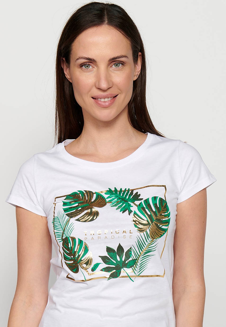 White Short Sleeve Cotton T-shirt with Round Neck and Front Print for Women