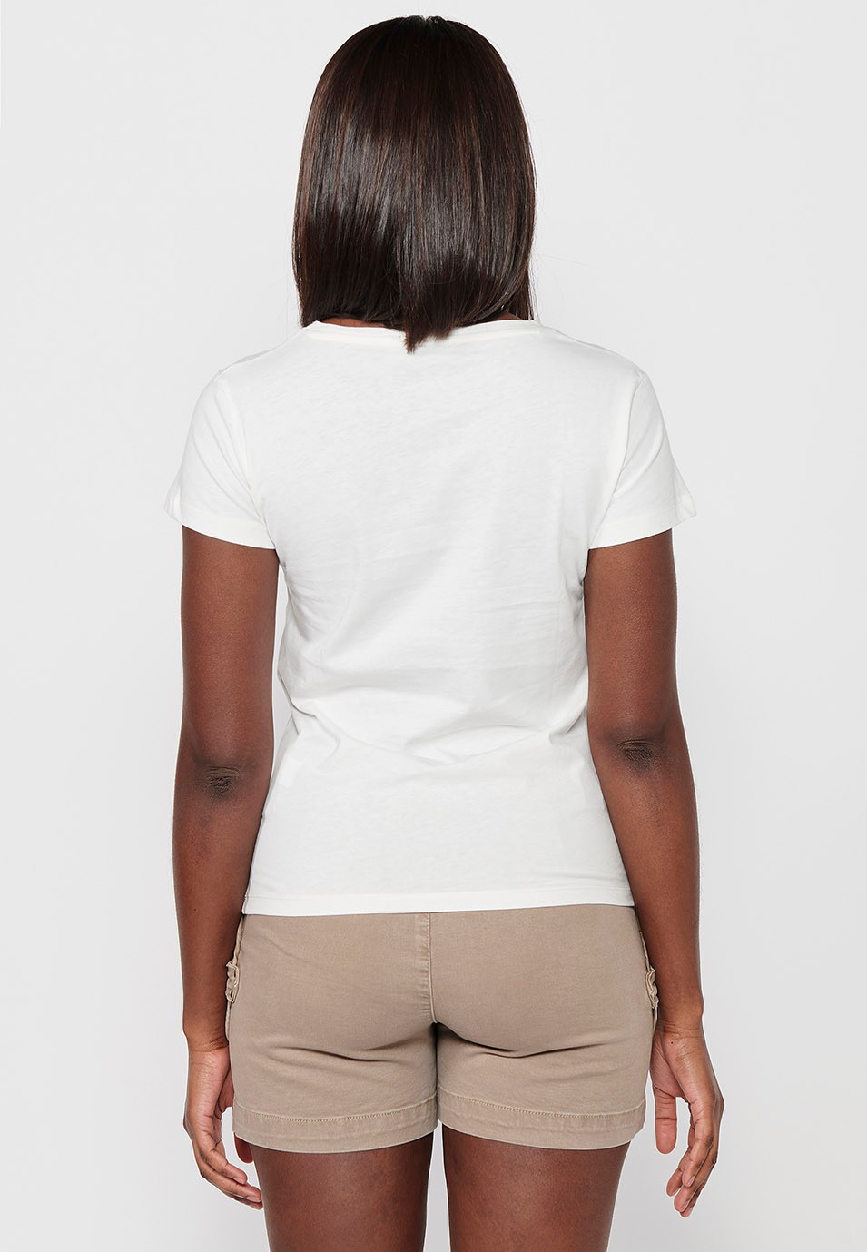 Damen-T-Shirt aus Baumwolle mit kurzen Ärmeln, Rundhalsausschnitt und ecrufarbenem Aufdruck auf der Vorderseite 5