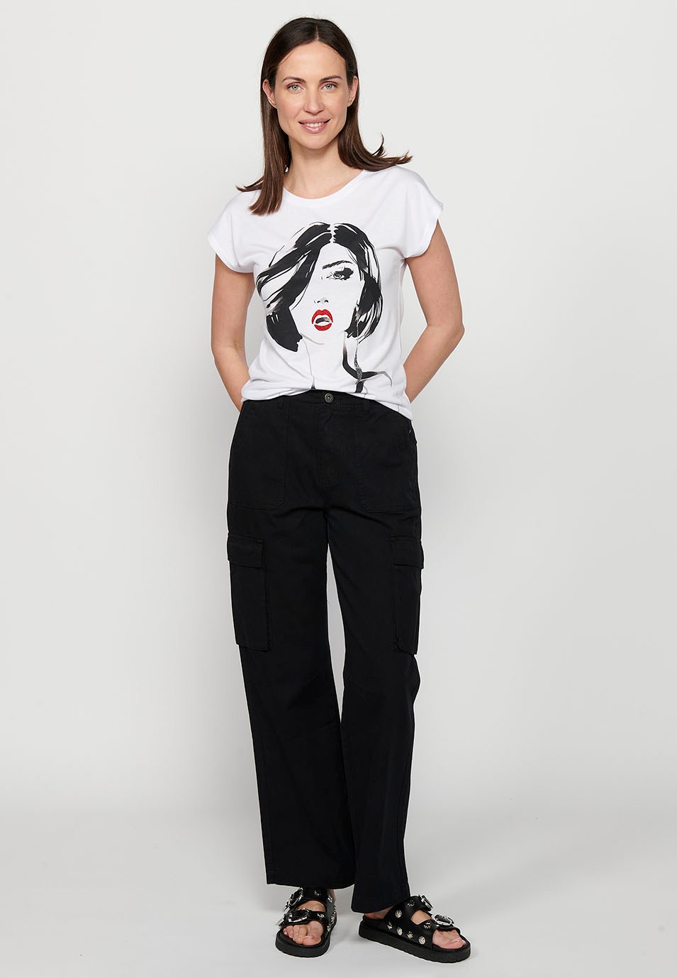 Weißes Kurzarm-T-Shirt aus Baumwolle mit Rundhalsausschnitt und Frontdruck für Damen