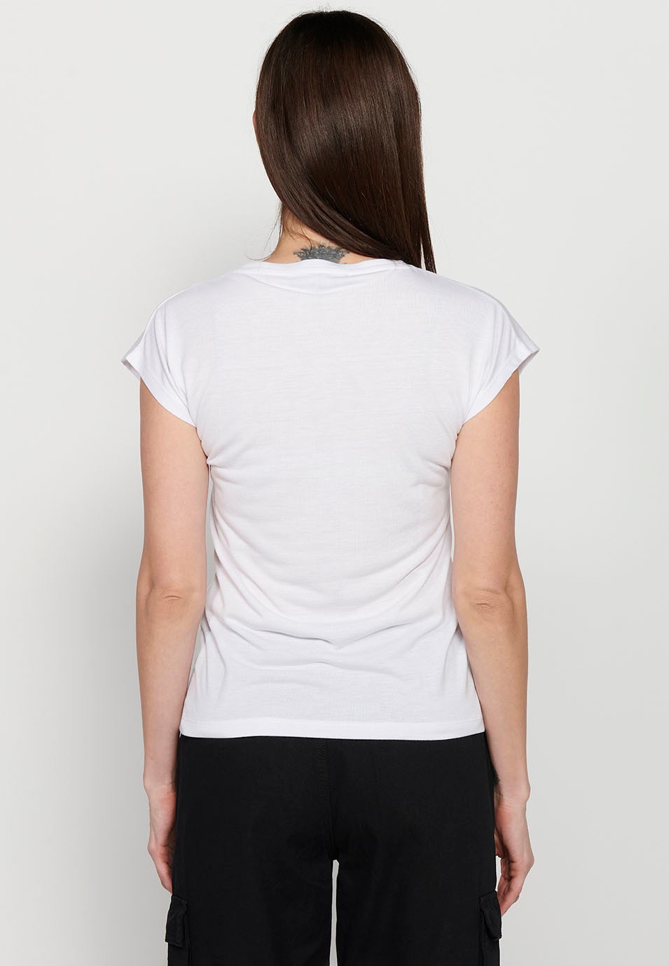 White Short Sleeve Cotton T-shirt with Round Neck and Front Print for Women