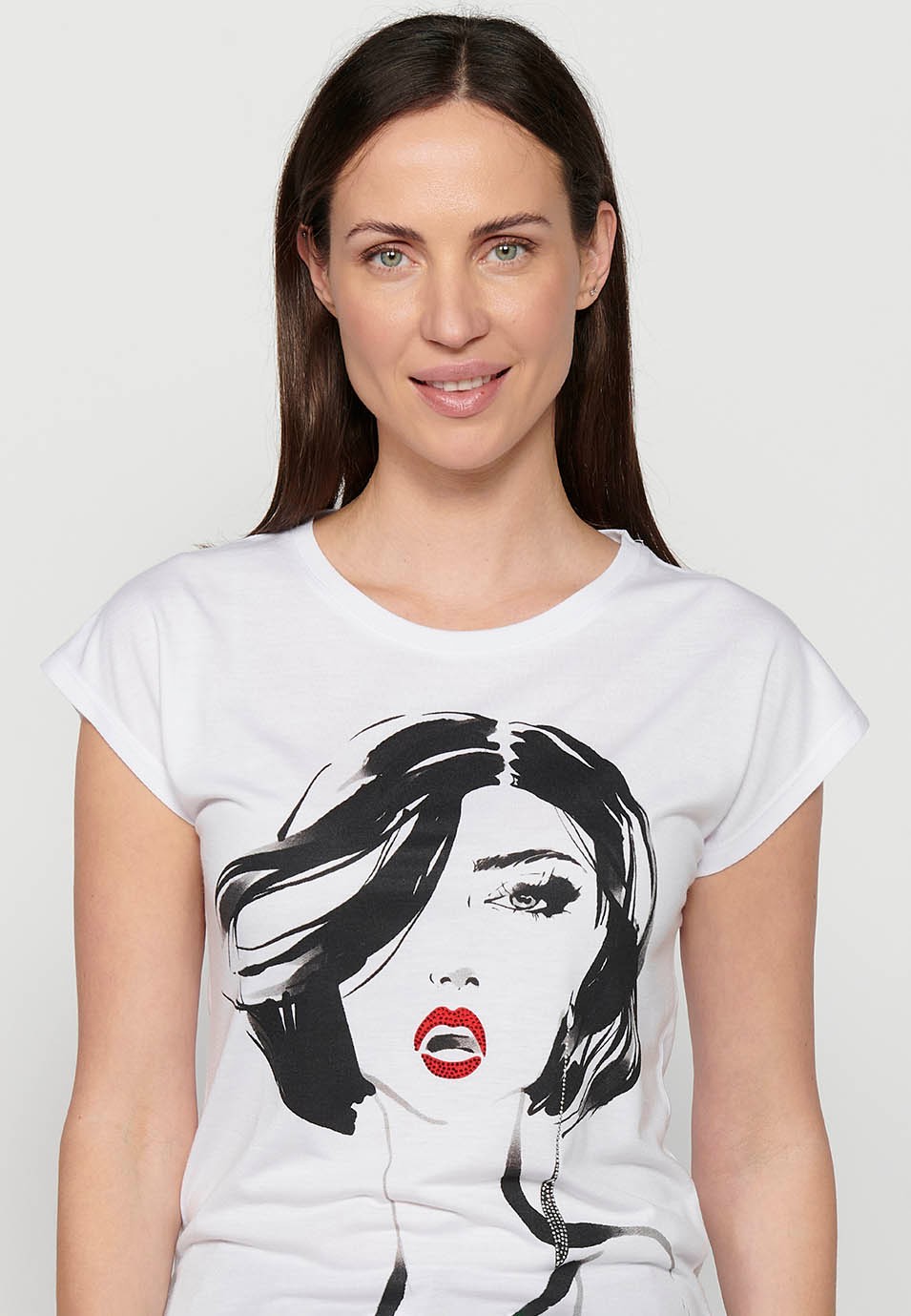 Camiseta de manga corta de algodón con Cuello redondo y Estampado delantero color Blanco para Mujer