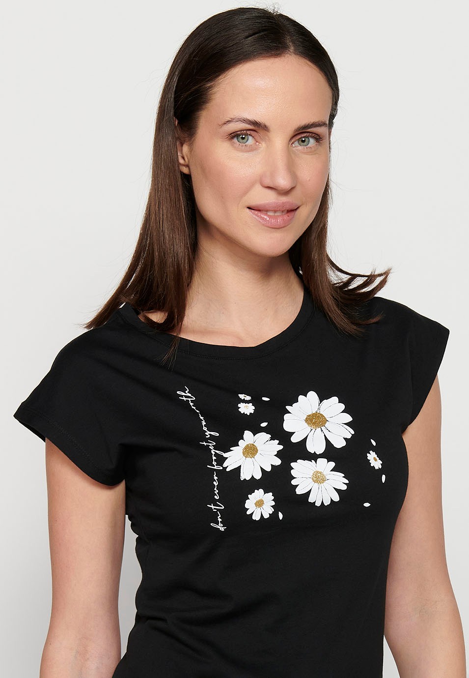 Camiseta de manga corta de algodón con Cuello redondo y Estampado delantero color Negro para Mujer