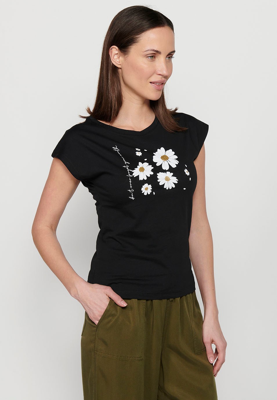 Short-sleeved cotton T-shirt with round neck and front print in Black for Women