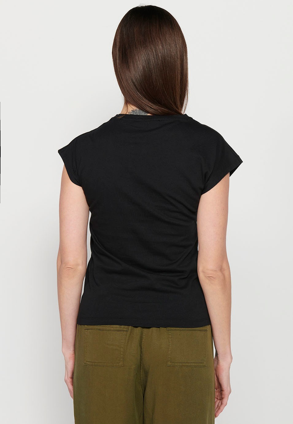 Short-sleeved cotton T-shirt with round neck and front print in Black for Women