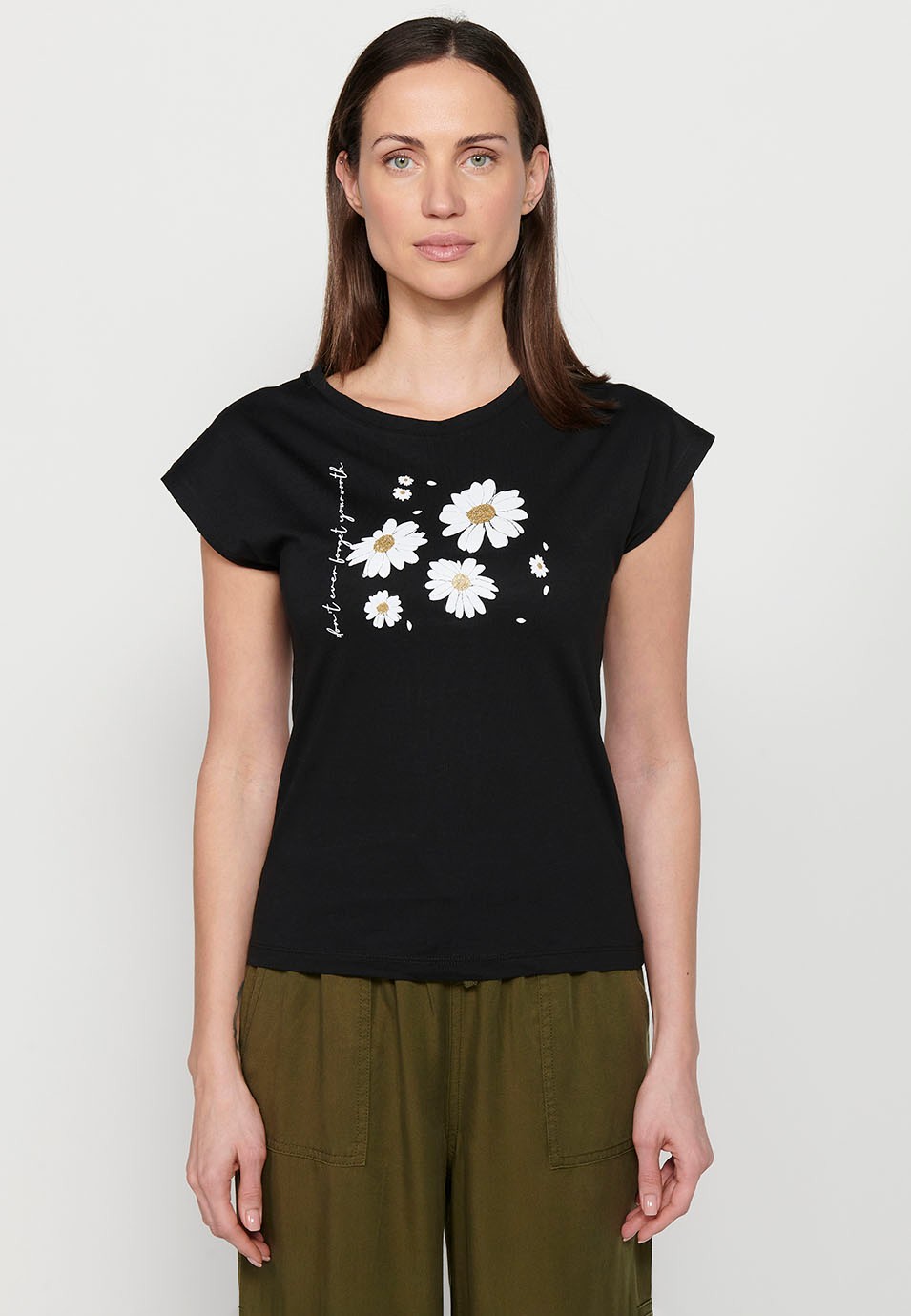 Kurzärmliges Baumwoll-T-Shirt mit Rundhalsausschnitt und Frontprint in Schwarz für Damen