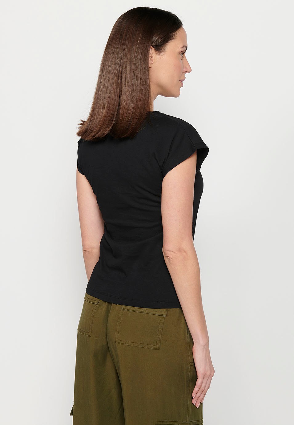 Camiseta de manga corta de algodón con Cuello redondo y Estampado delantero color Negro para Mujer