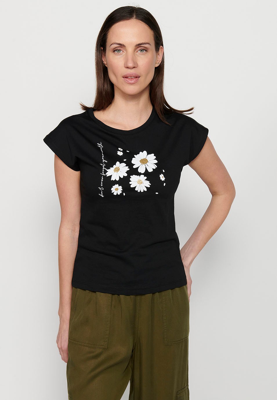 Kurzärmliges Baumwoll-T-Shirt mit Rundhalsausschnitt und Frontprint in Schwarz für Damen
