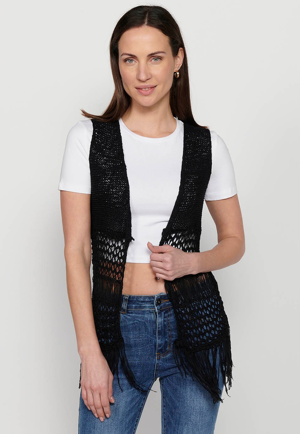 Black fringed vest for women