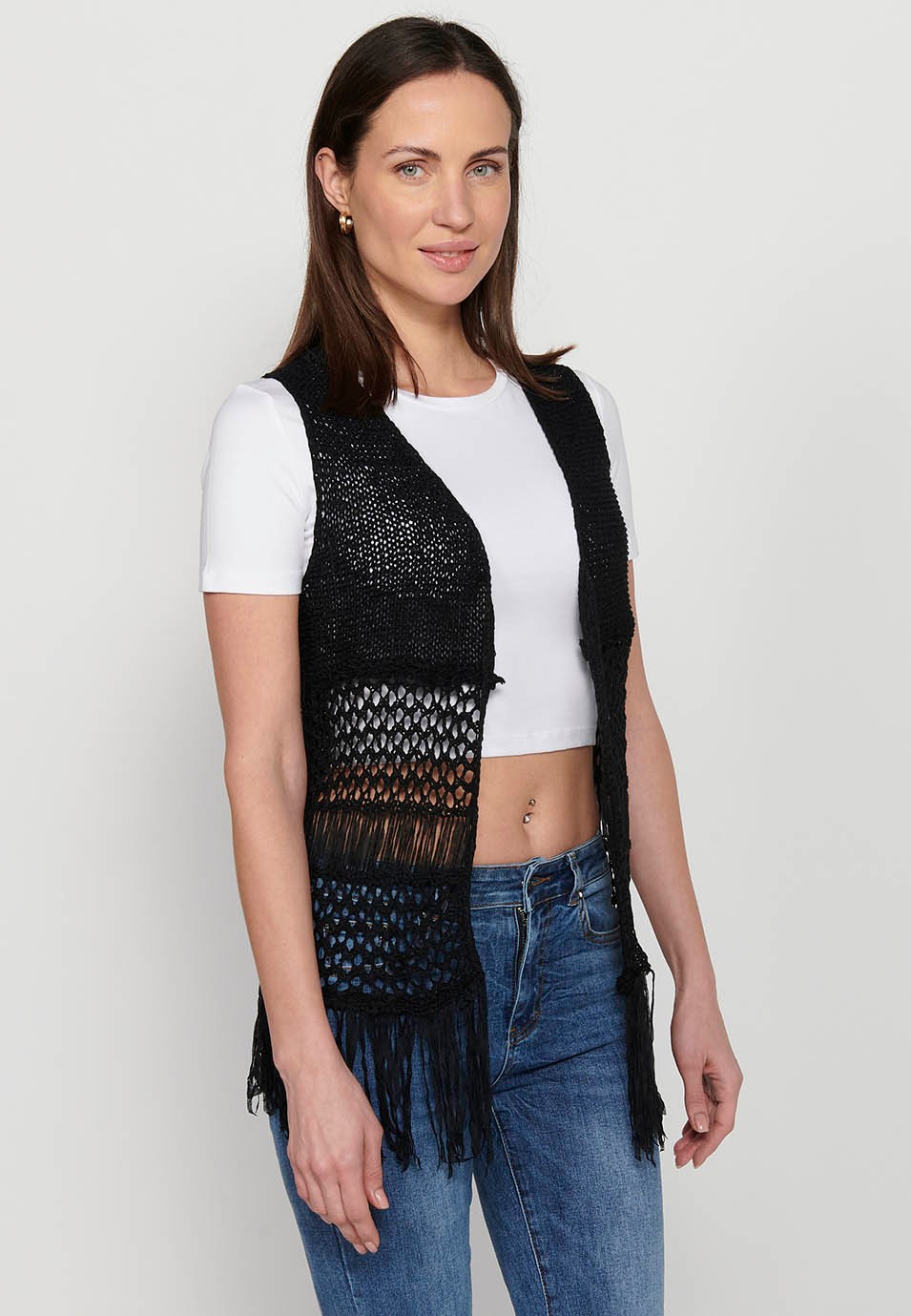 Gilet noir à franges pour femme