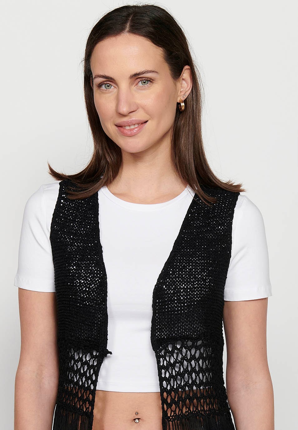 Gilet noir à franges pour femme