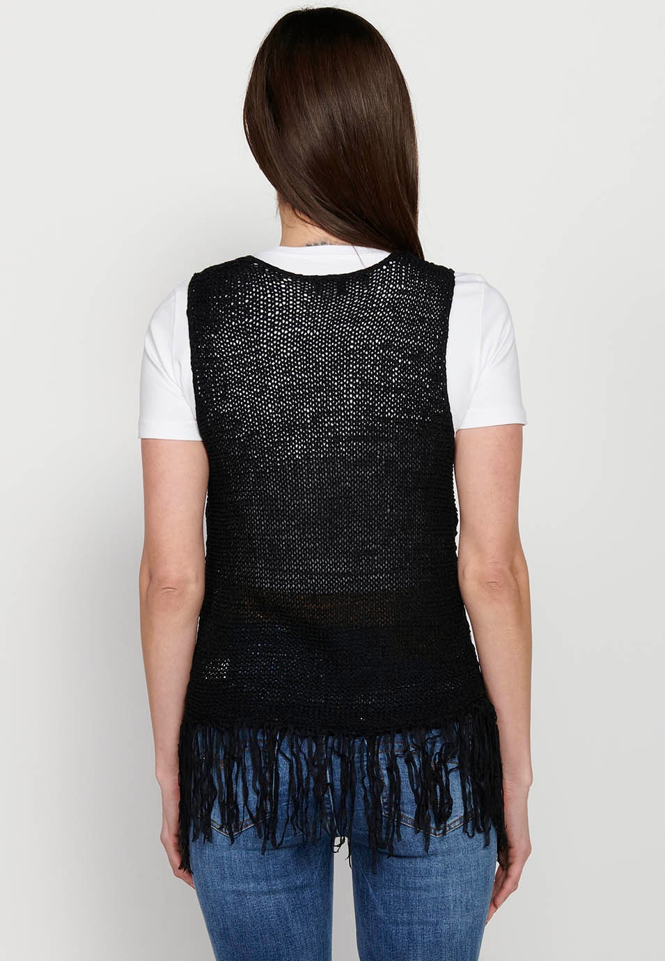 Gilet noir à franges pour femme