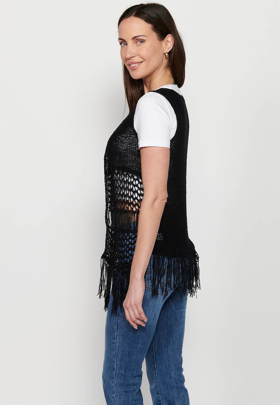 Gilet noir à franges pour femme