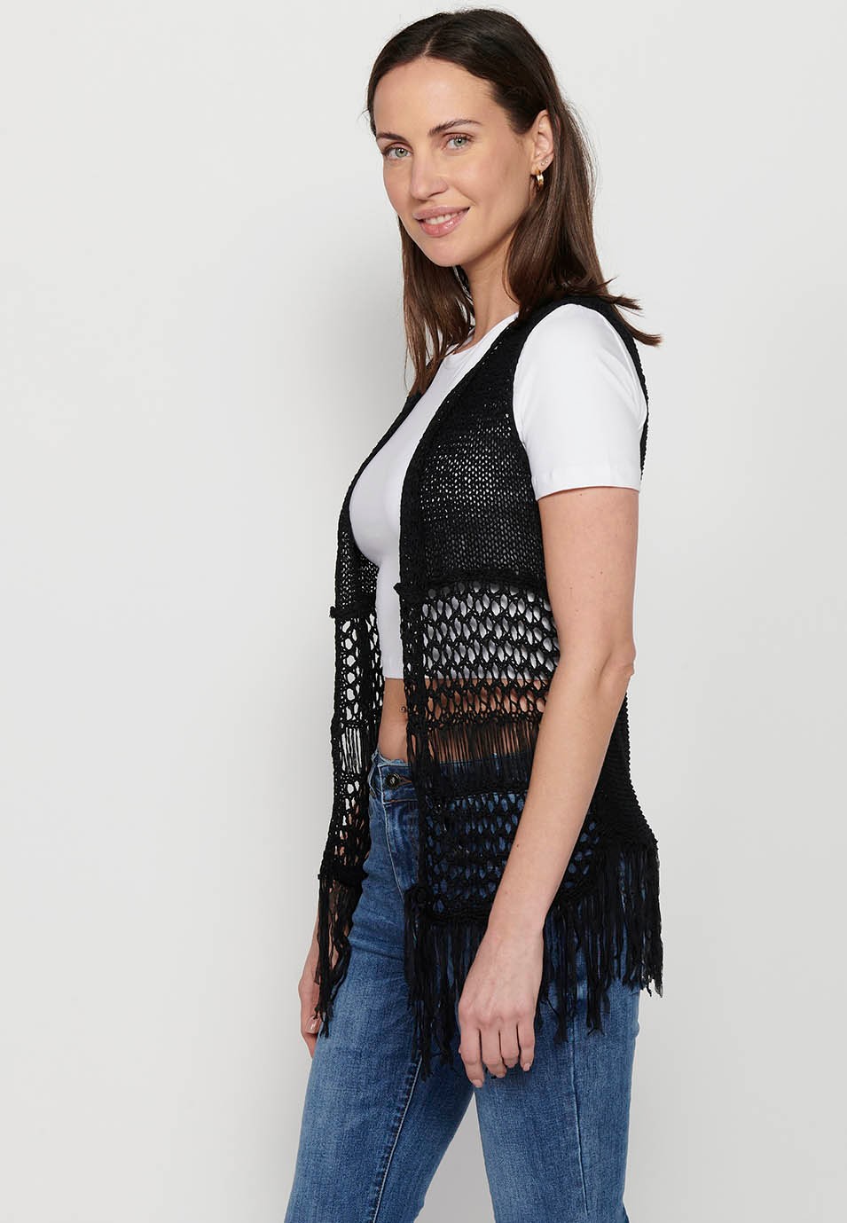 Gilet noir à franges pour femme