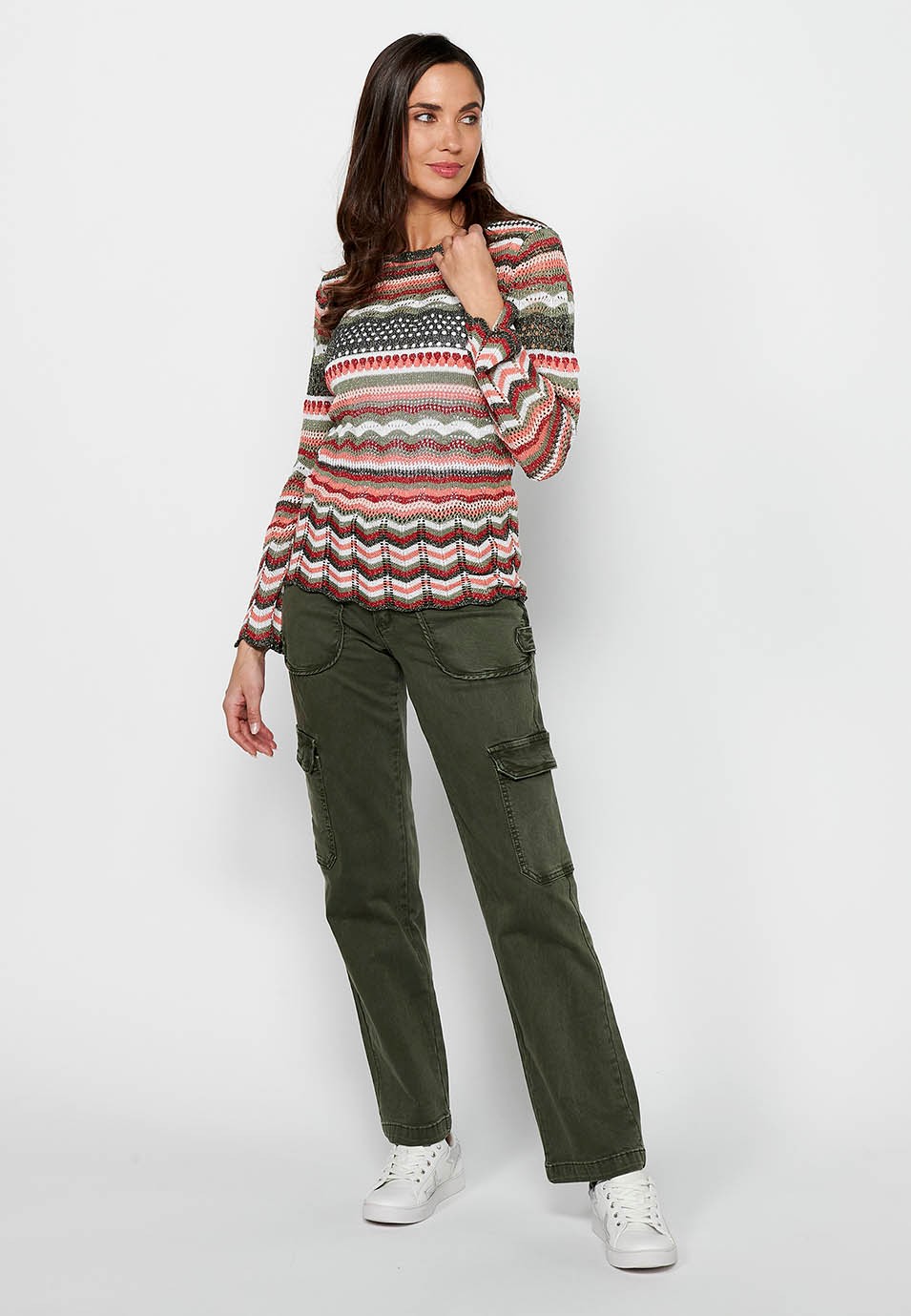 Mehrfarbig gestreifter, durchbrochener Trikot-Langarmpullover mit Rundhalsausschnitt für Damen 1