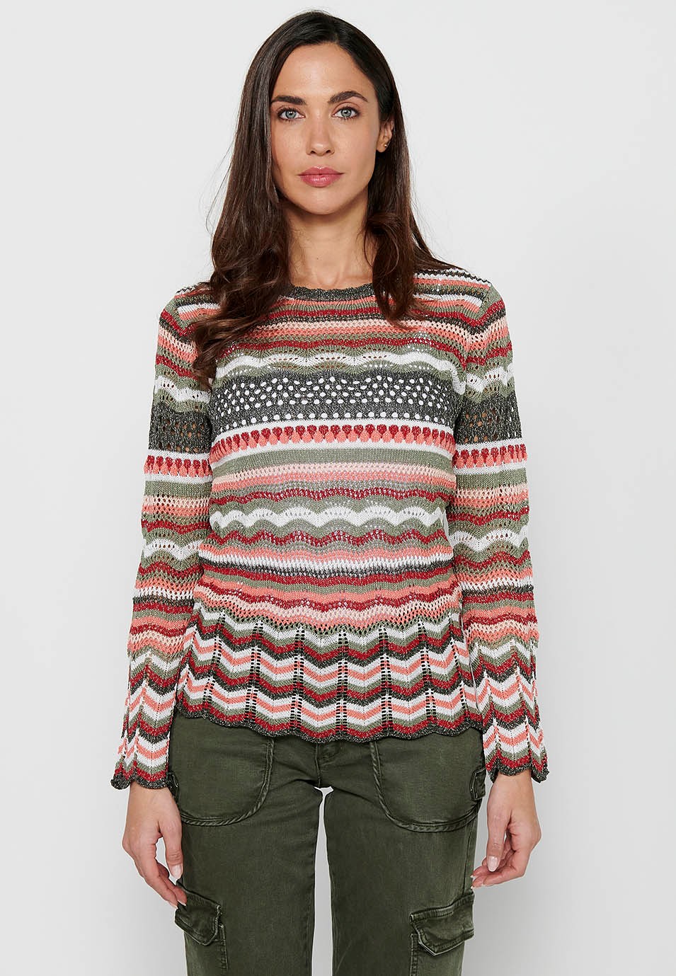 Women's Multicolor Striped Openwork Tricot Round Neck Long Sleeve Sweater 2