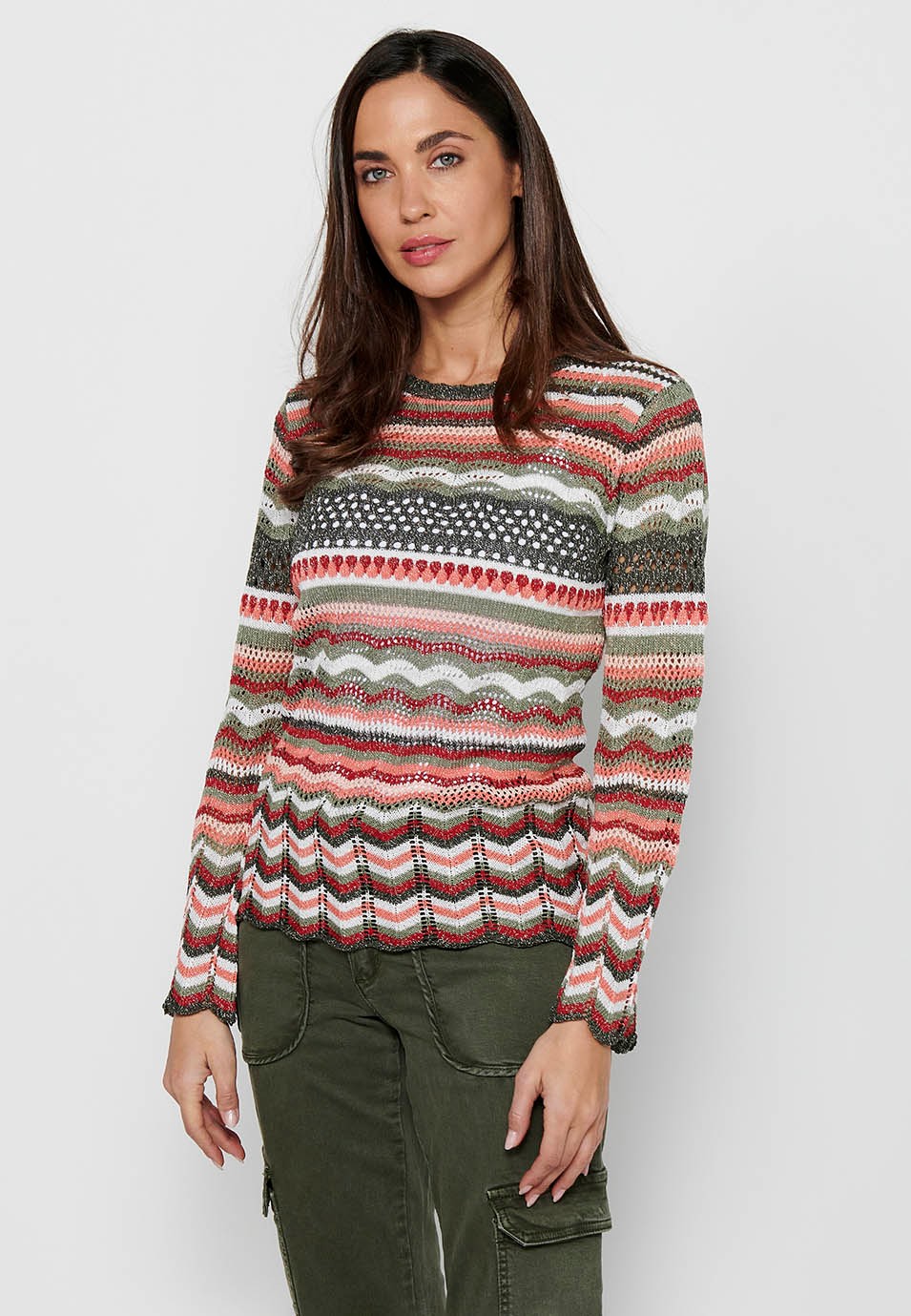 Women's Multicolor Striped Openwork Tricot Round Neck Long Sleeve Sweater 3