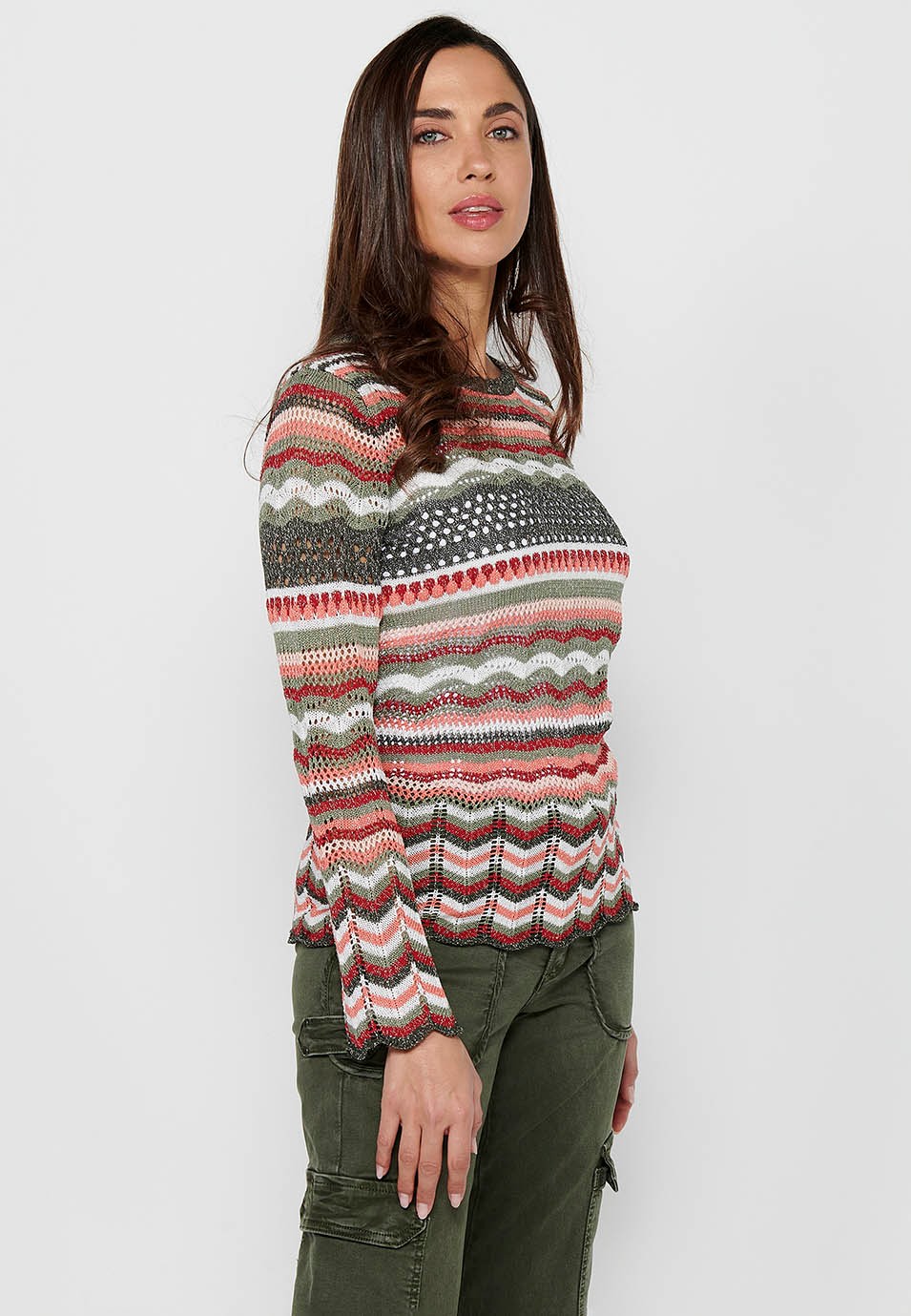 Women's Multicolor Striped Openwork Tricot Round Neck Long Sleeve Sweater 4