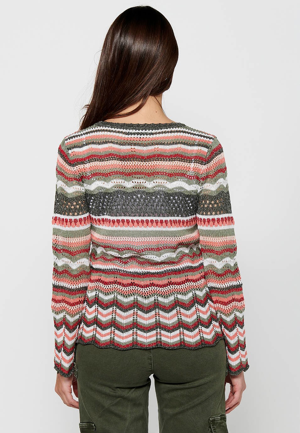 Mehrfarbig gestreifter, durchbrochener Trikot-Langarmpullover mit Rundhalsausschnitt für Damen 7